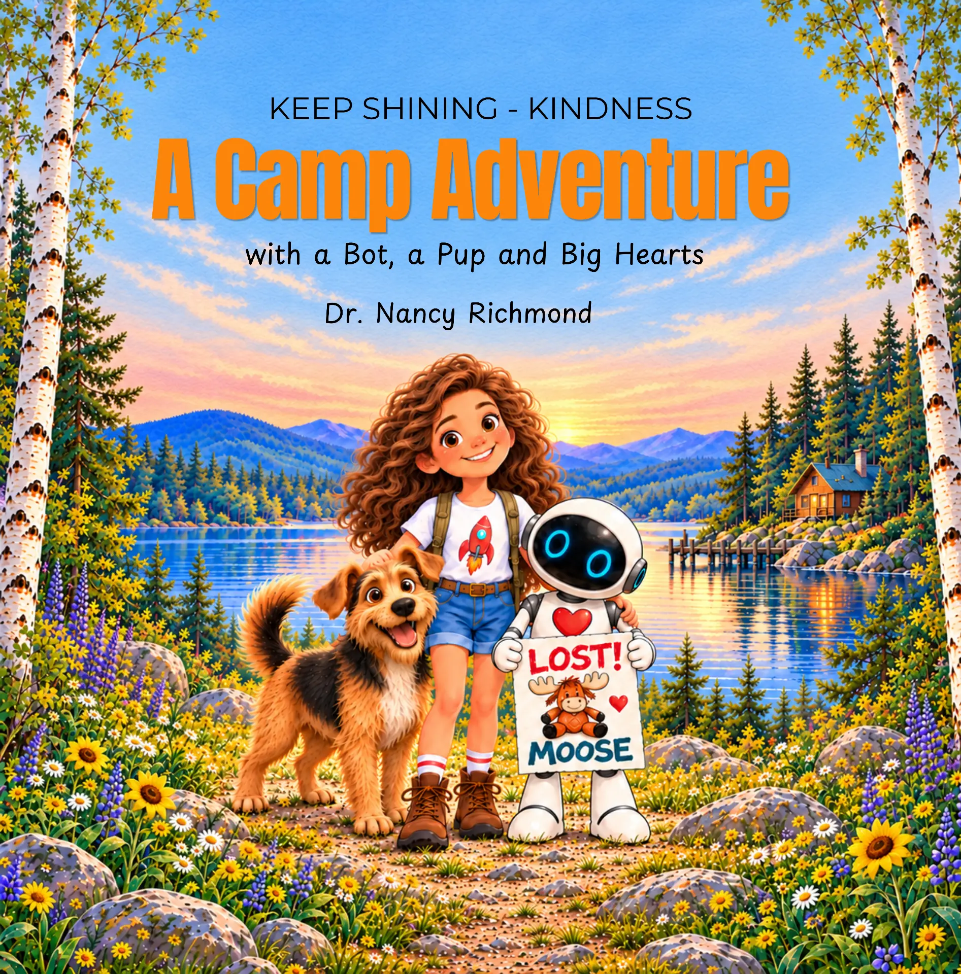 Keep Shining Kindness picture book cover: Francesca, a smiling girl in a rocket t-shirt, stands with Lucky the pup and Spark the robot holding a Lost Moose poster beside a sparkling camp lake
