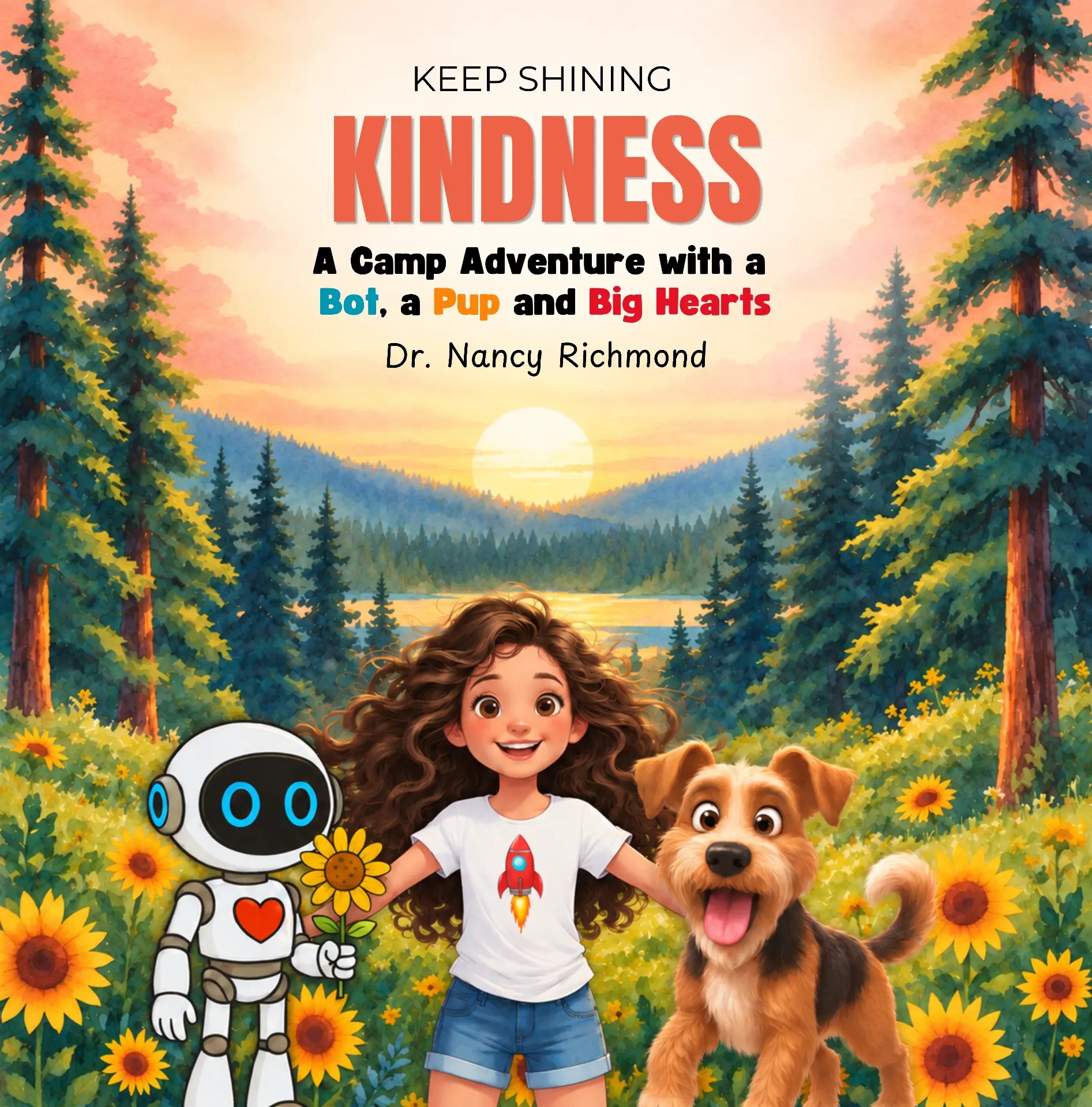 Keep Shining Kindness book cover with Francesca, Lucky the pup and Spark the robot at camp