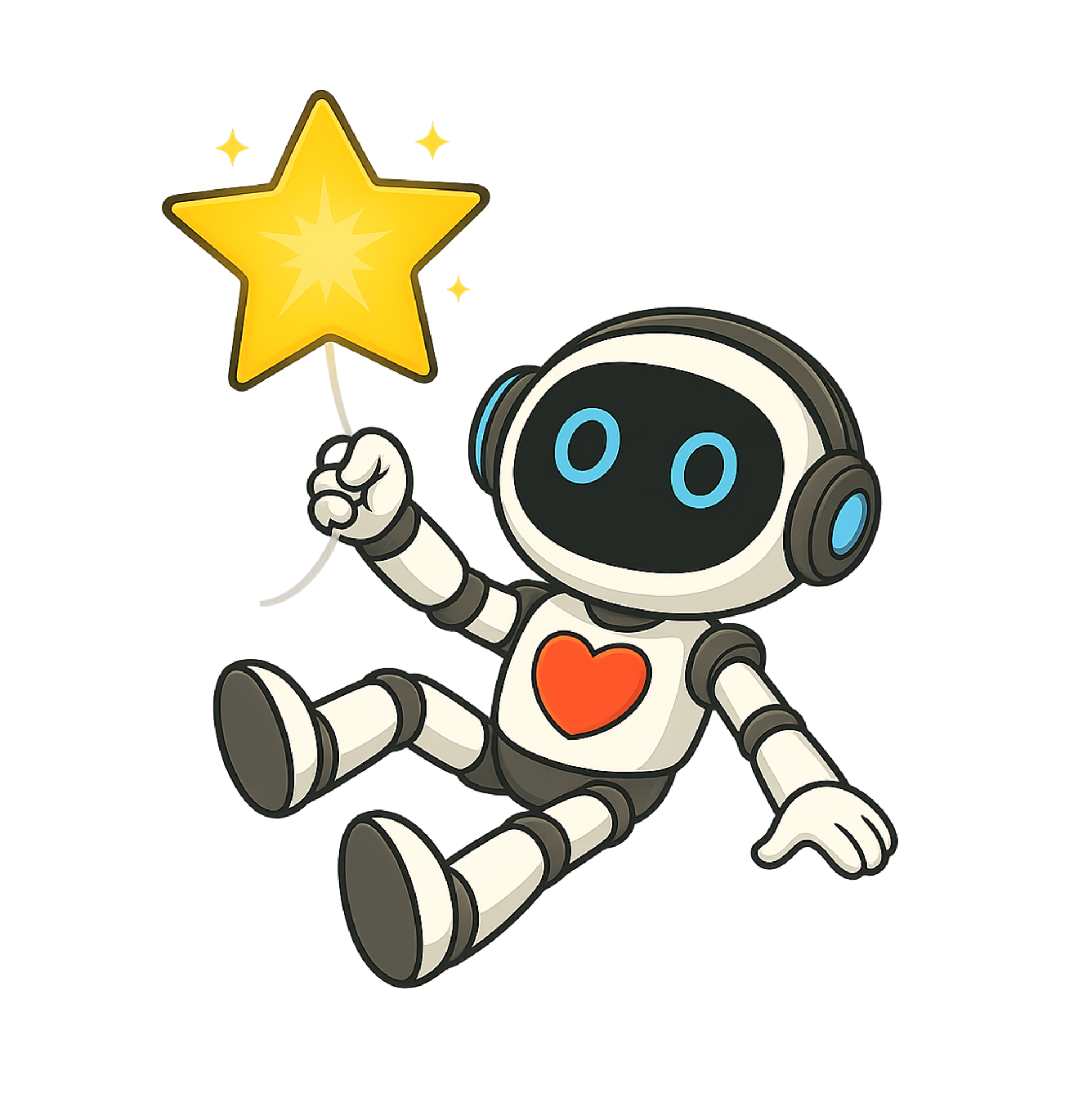 Spark the robot floating with a big yellow star balloon, a red heart on his chest