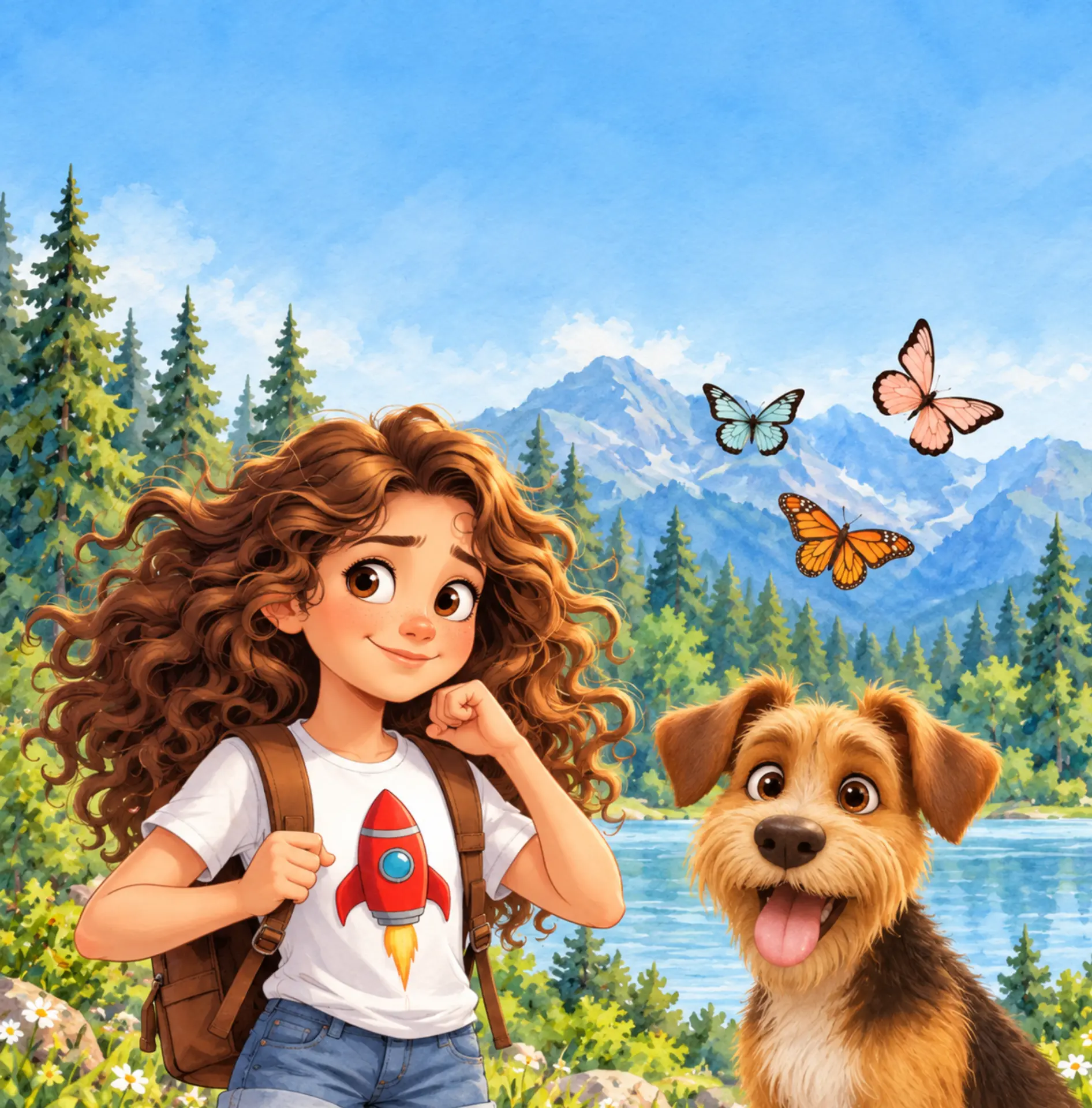 Francesca with her backpack and Lucky the pup by a sparkling lake, butterflies in the air