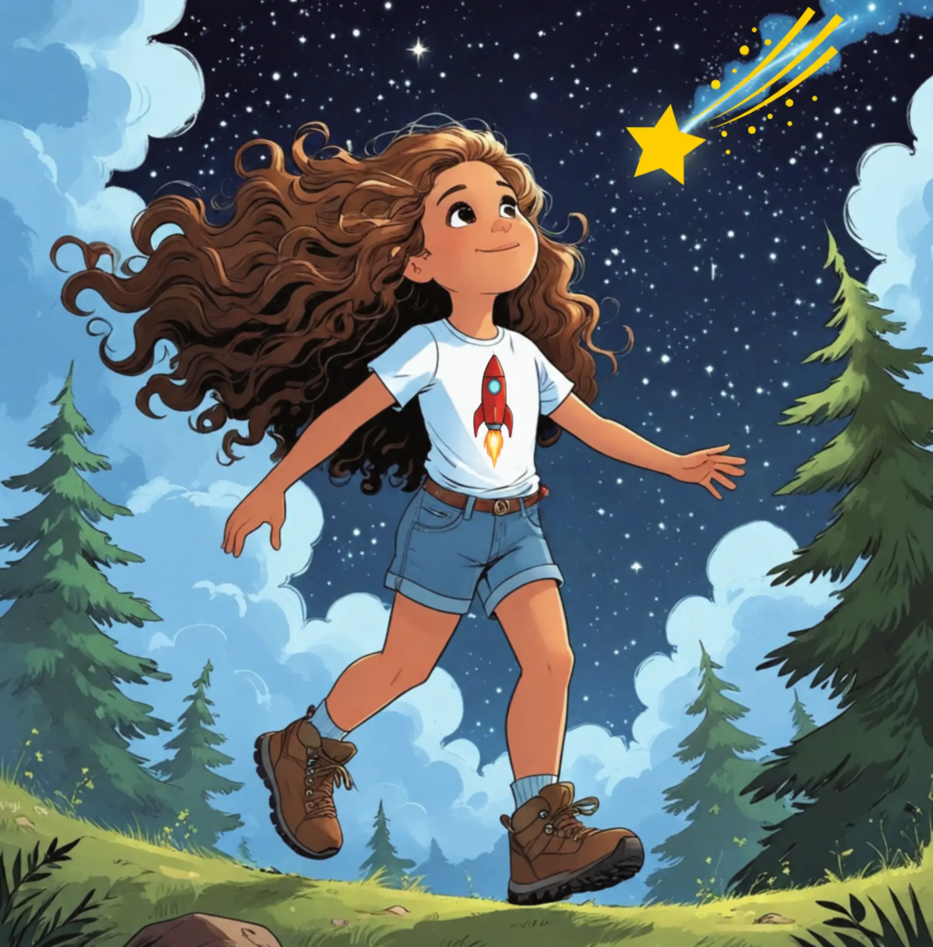 Francesca reaching toward a shooting star in a starry night sky above the pines