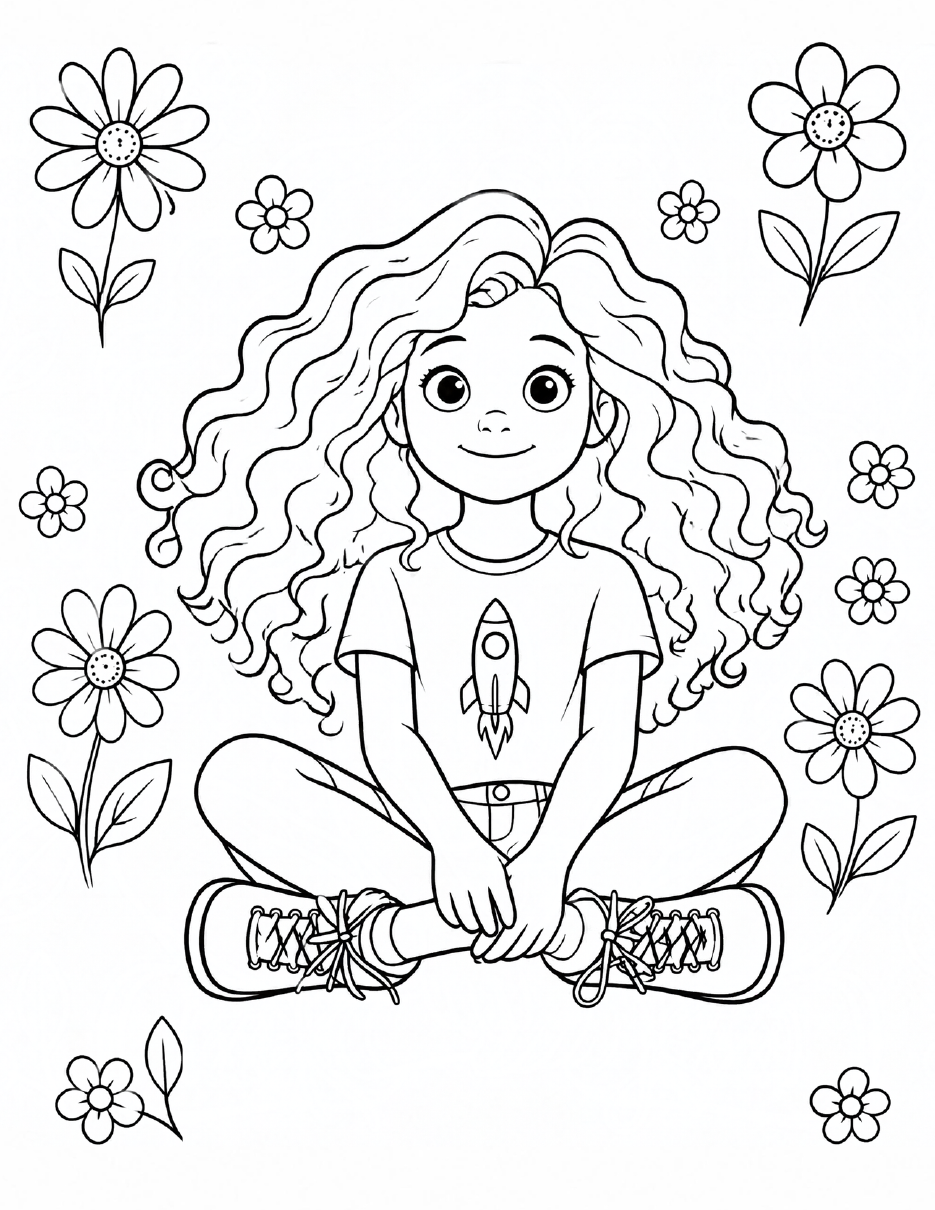 Coloring page of Francesca sitting cross-legged among flowers, wearing her rocket shirt