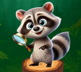 A cheerful raccoon holding a magnifying glass on a tree stump in the forest
