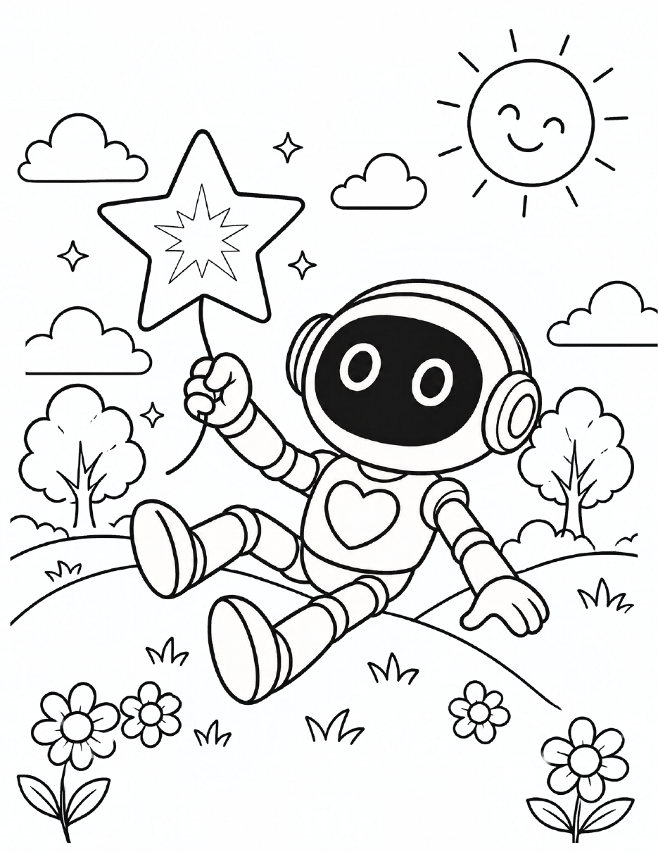 Coloring page of Spark the robot holding a star balloon on a sunny hill
