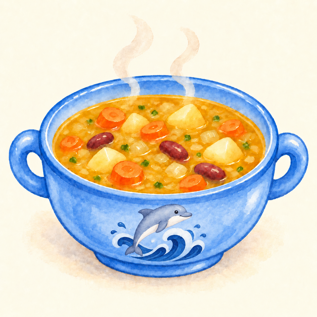 A steaming blue bowl of golden vegetable soup with carrots, potatoes and beans, decorated with a dolphin leaping over a wave