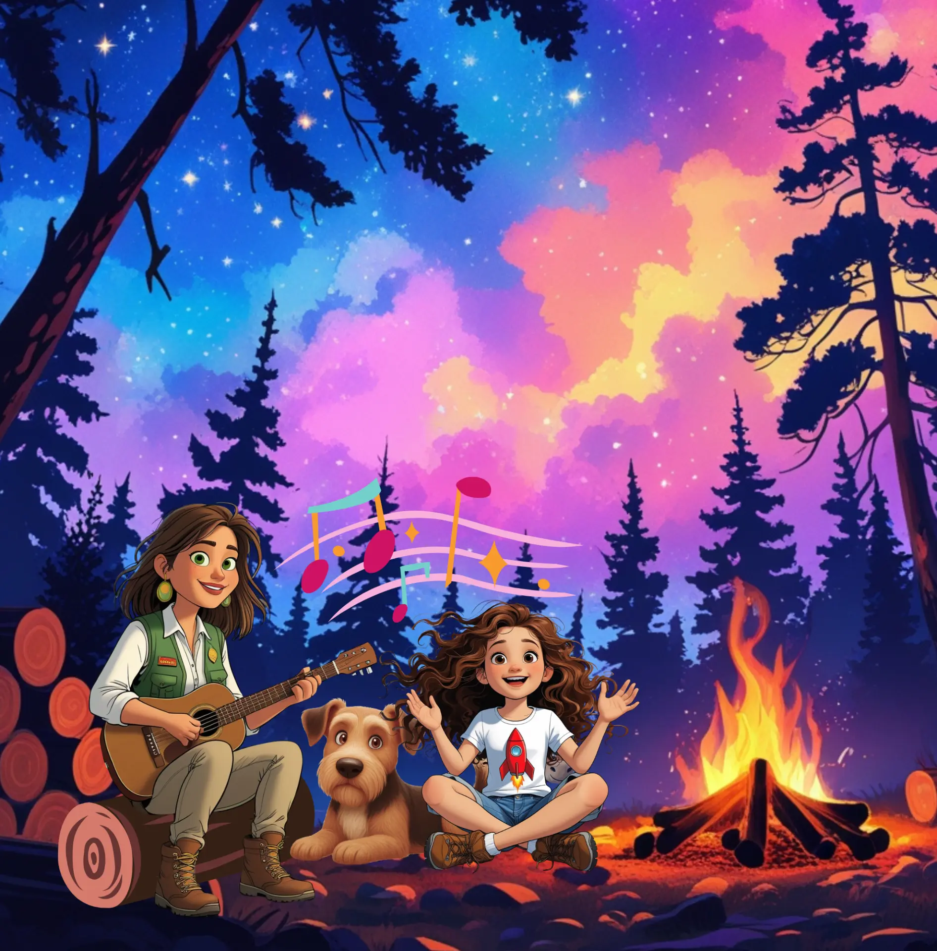 A ranger with a guitar, Francesca and Lucky the pup singing around a campfire under a colorful night sky