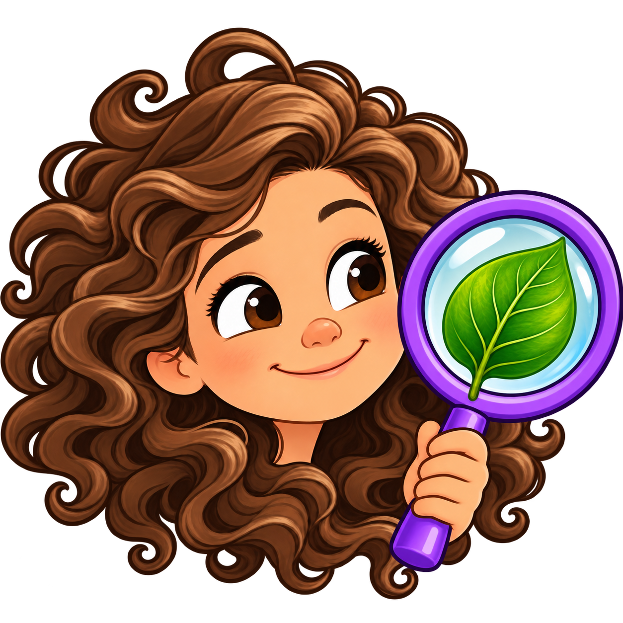 A curious girl with curly hair holding her purple magnifying glass with a leaf inside