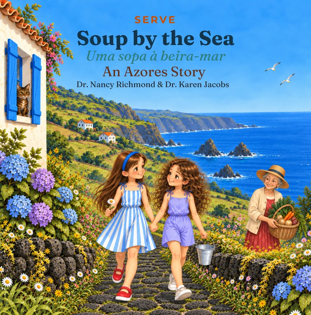 Soup by the Sea book cover with two girls walking hand in hand past blue hydrangeas toward the ocean in the Azores