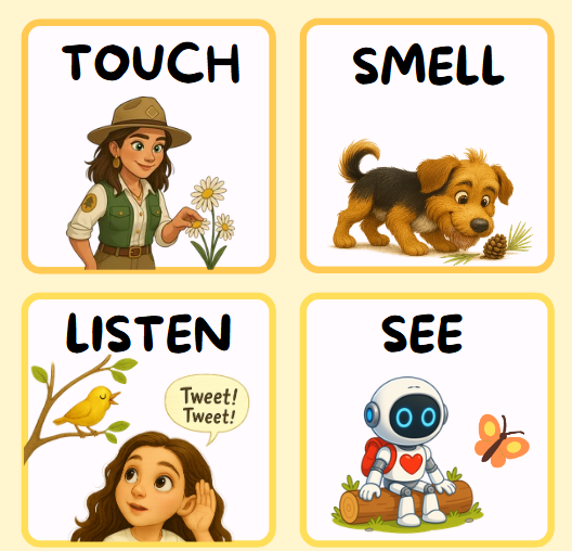 Four illustrated panels: a ranger touching a flower, a dog smelling pine needles, a girl listening to a singing bird, and Spark the robot watching a butterfly