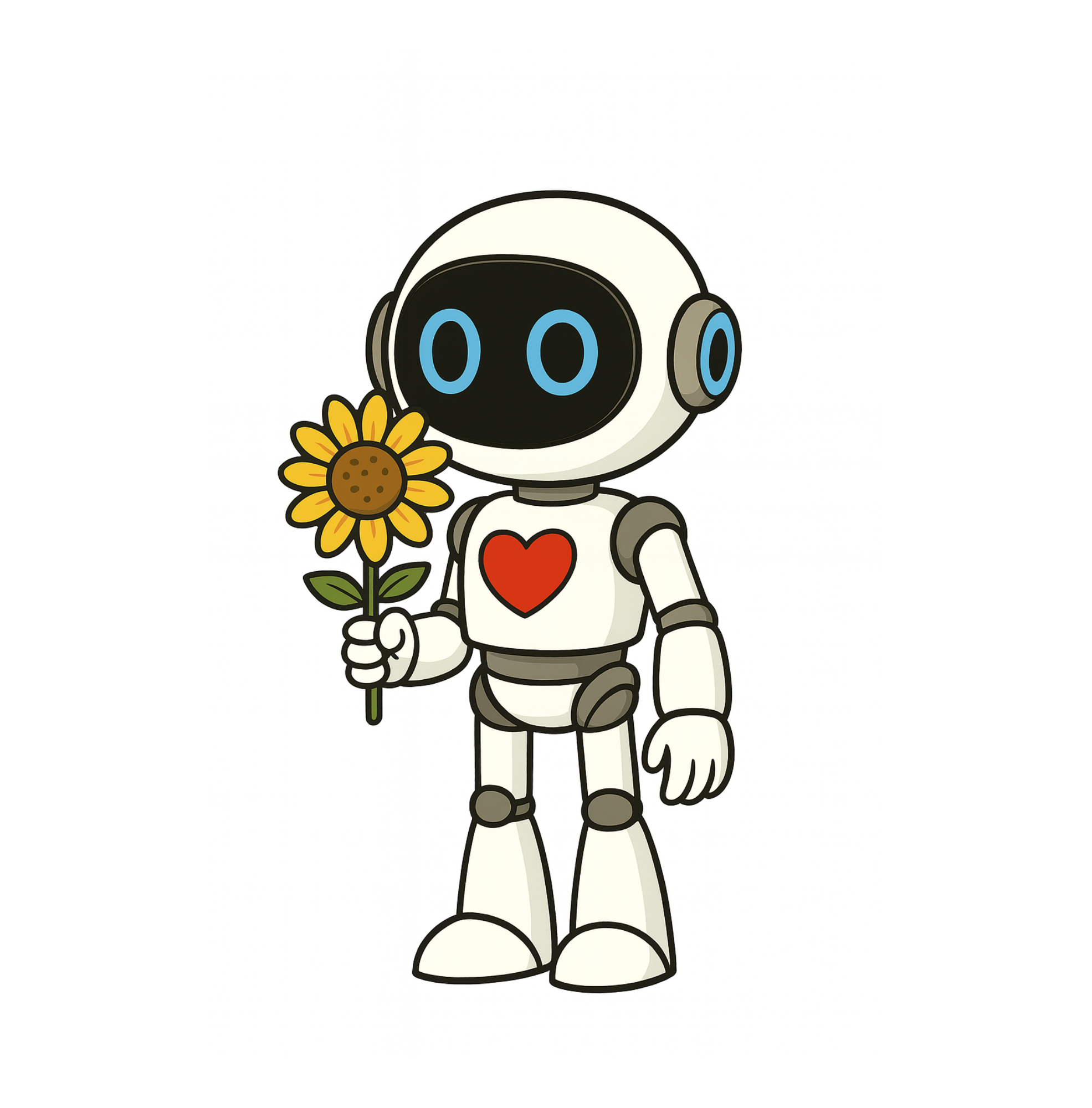 Spark the robot holding a sunflower, with a big red heart on his chest