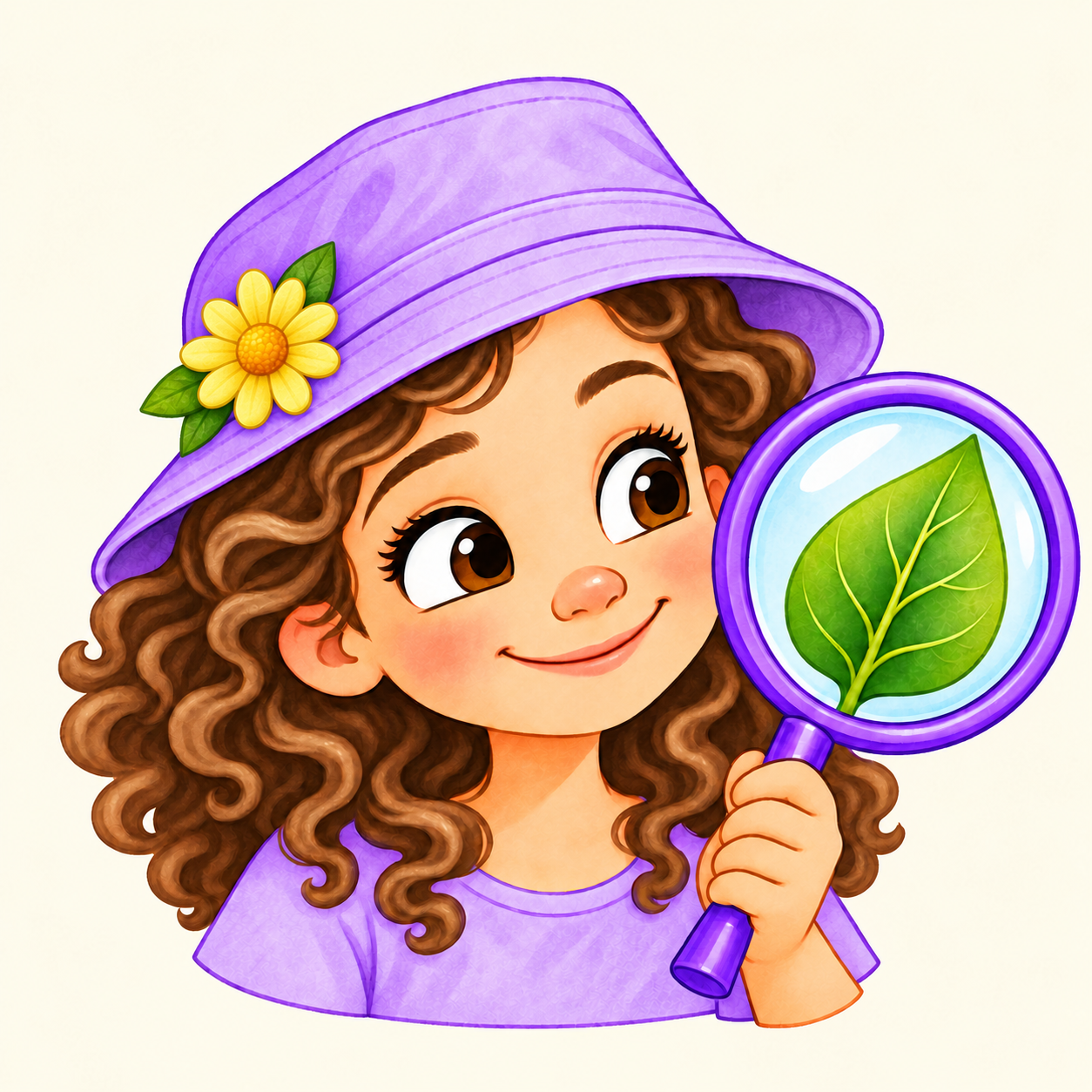 A smiling girl with curly hair and a lavender daisy hat looks through a purple magnifying glass at a green leaf