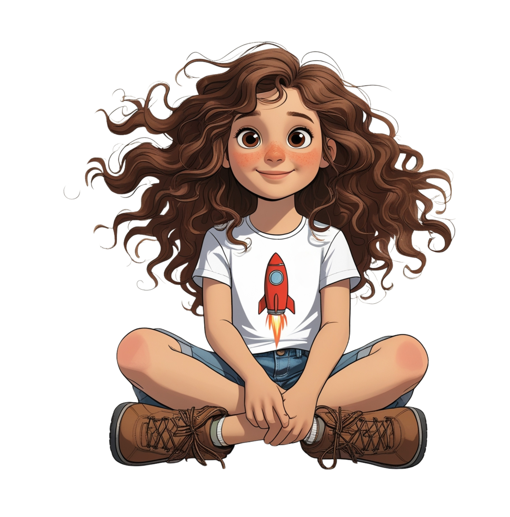 Francesca sitting cross-legged in her rocket t-shirt and hiking boots, smiling