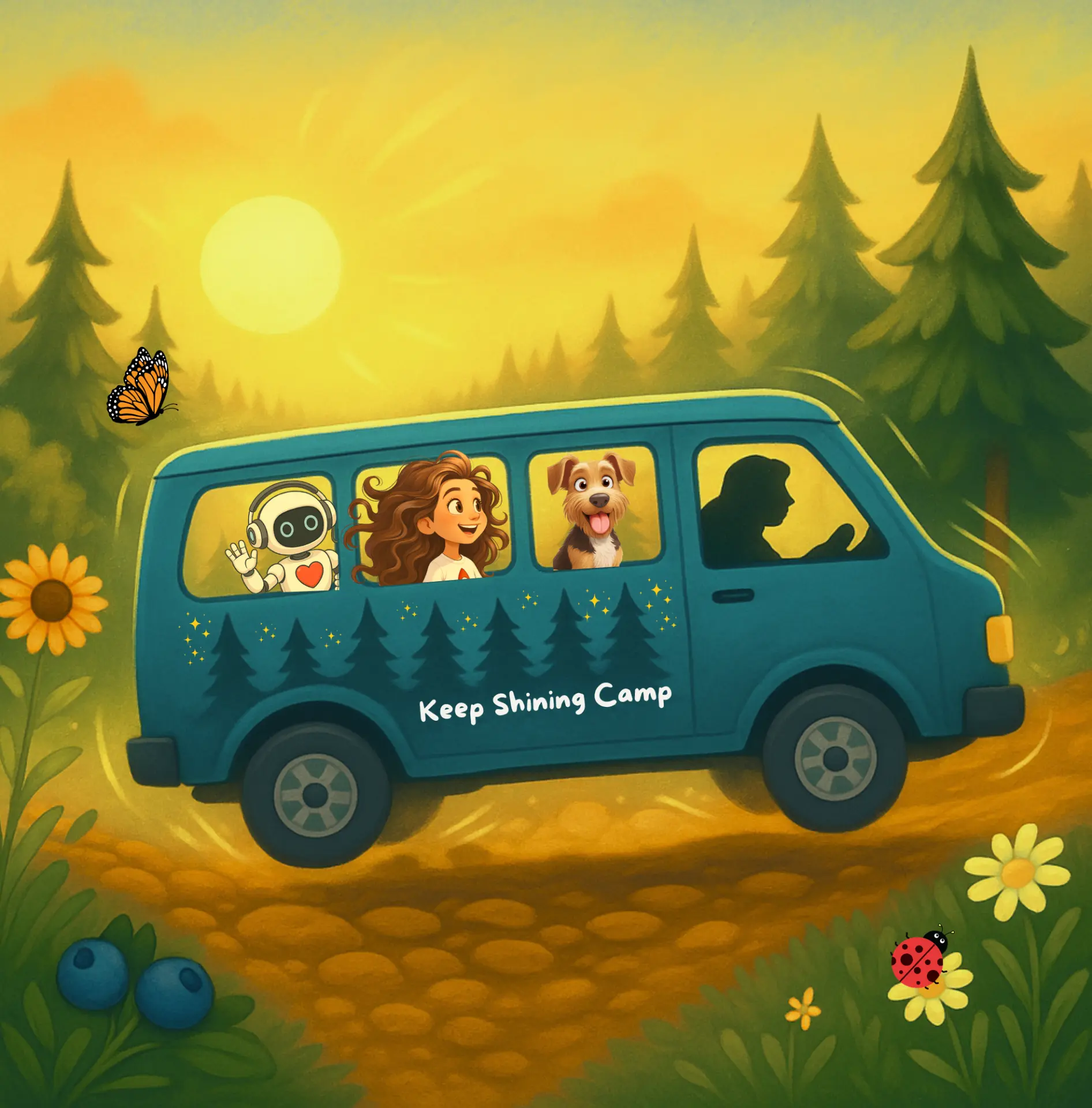 Francesca, Lucky the pup and Spark the robot riding together in the Keep Shining Camp van