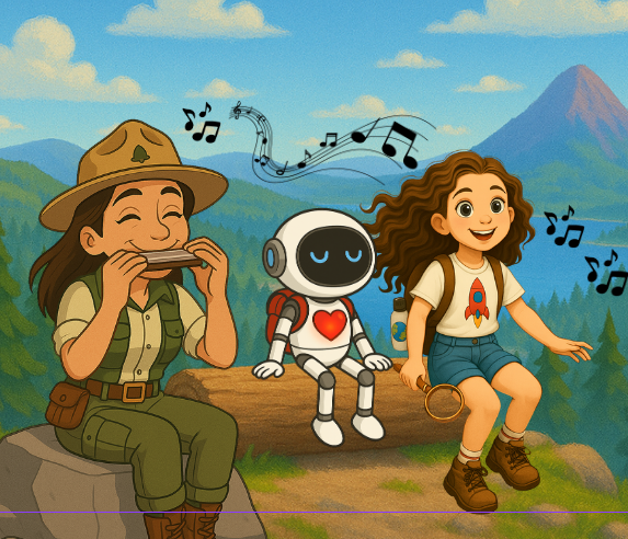 Ranger playing a harmonica beside Spark the robot and Francesca with her magnifying glass, music notes floating in the mountain air