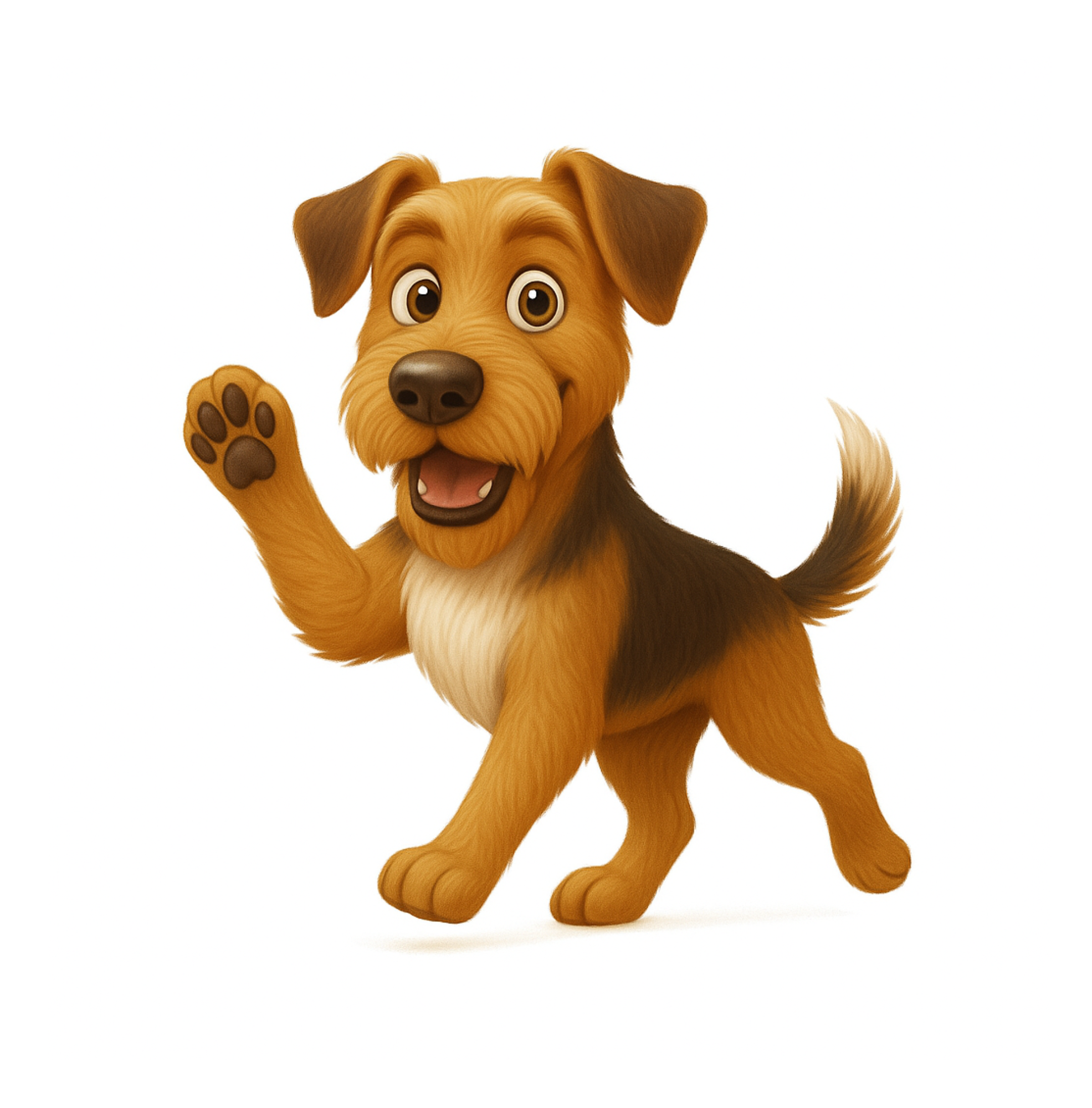 Lucky the pup waving a playful paw with a happy smile
