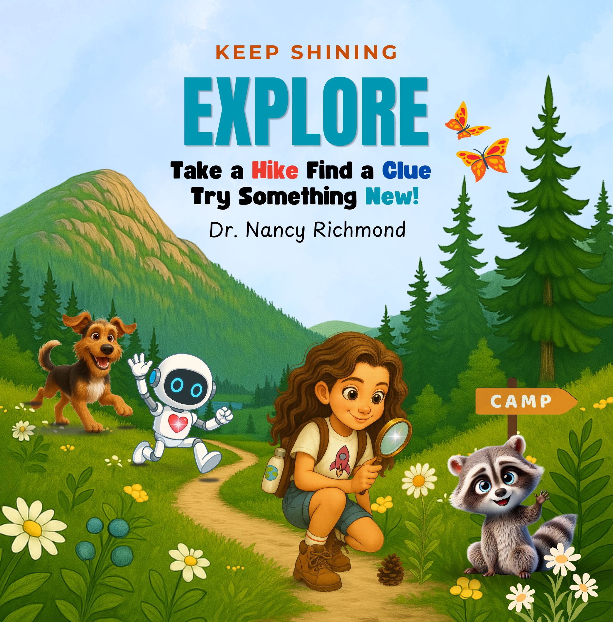 Keep Shining Explore book cover with Francesca, Lucky the pup and Spark the robot on a mountain trail